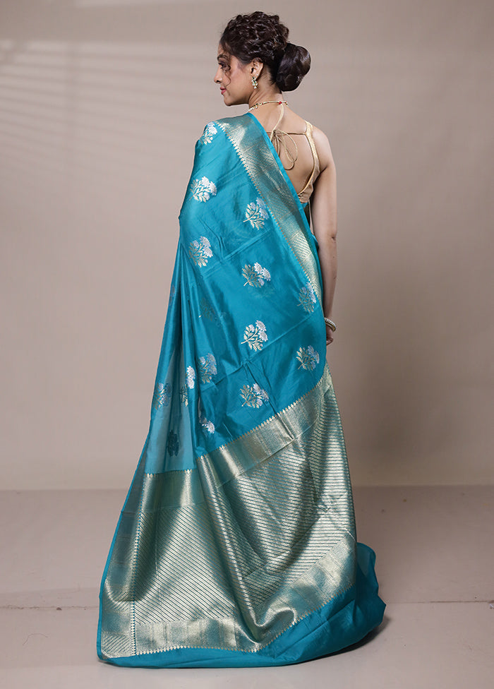 Blue Dupion Silk Saree With Blouse Piece