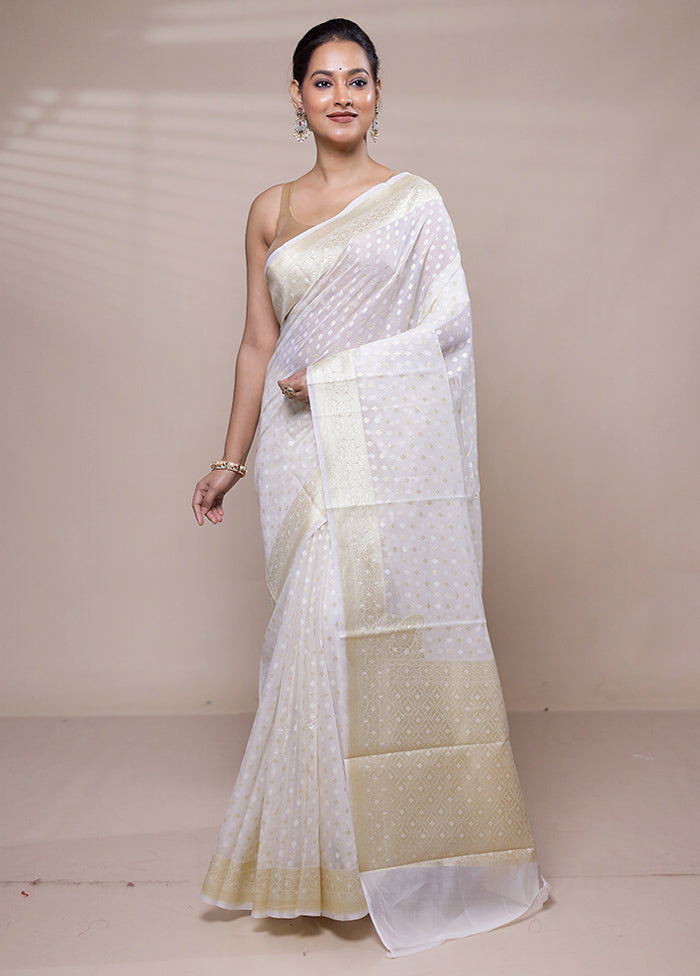 White Kora Silk Saree With Blouse Piece