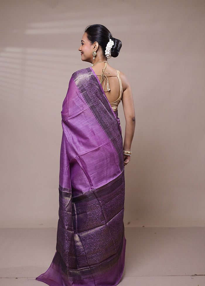 Purple Handloom Dupion Pure Silk Saree With Blouse Piece