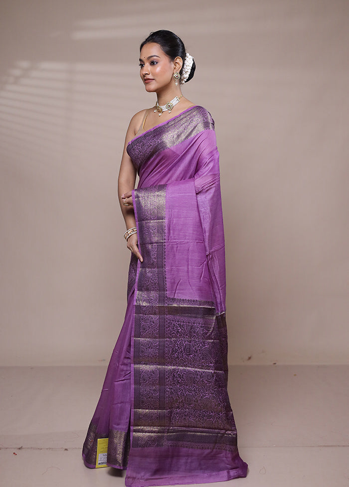 Purple Handloom Dupion Pure Silk Saree With Blouse Piece