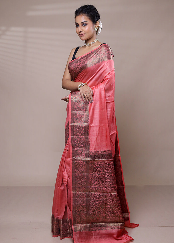 Pink Handloom Dupion Pure Silk Saree With Blouse Piece