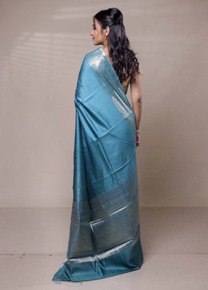 Blue Dupion Silk Saree With Blouse Piece