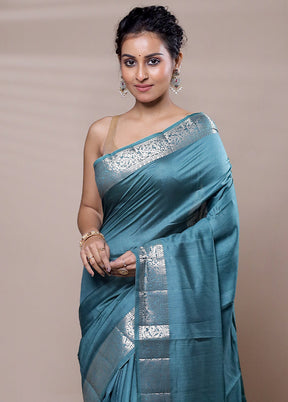 Blue Dupion Silk Saree With Blouse Piece