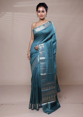 Blue Dupion Silk Saree With Blouse Piece