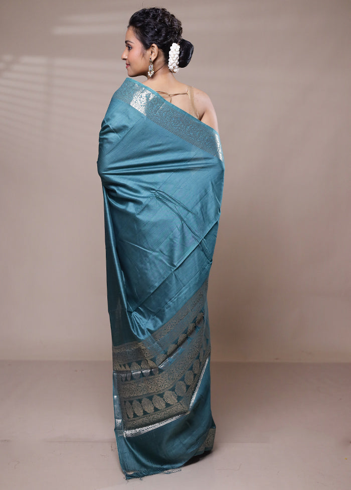 Blue Dupion Silk Saree With Blouse Piece