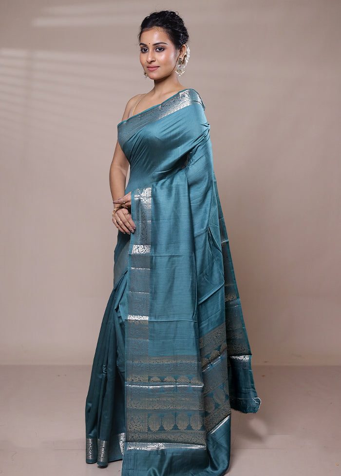 Blue Dupion Silk Saree With Blouse Piece