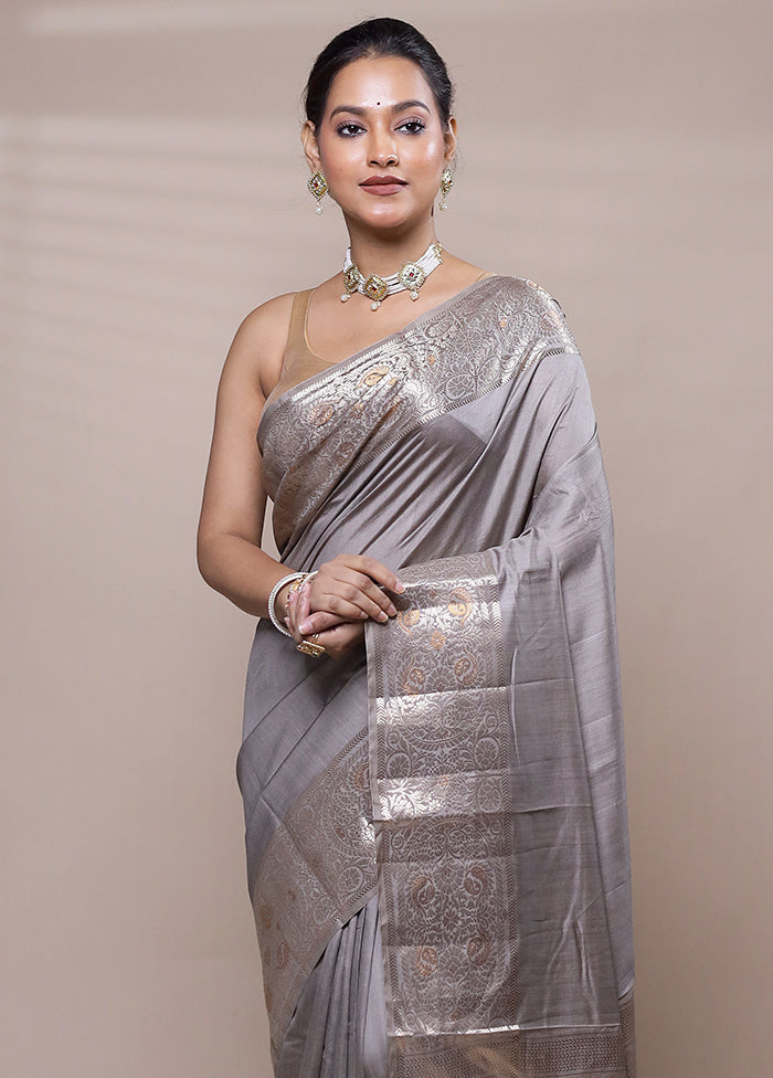 Grey Dupion Silk Saree With Blouse Piece