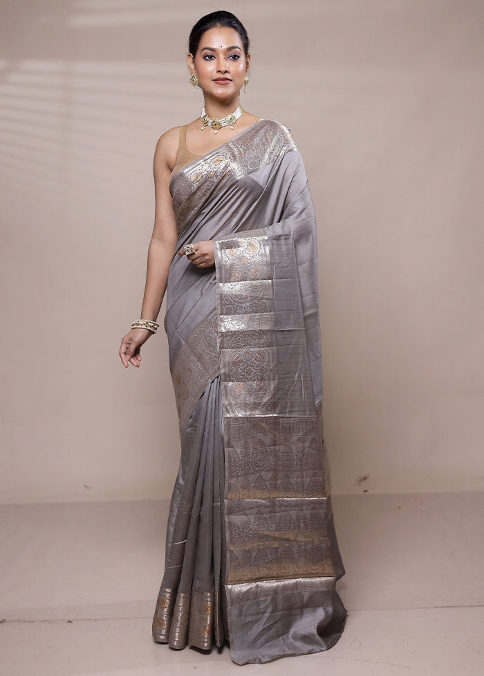 Grey Dupion Silk Saree With Blouse Piece