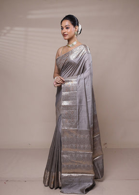 Grey Dupion Silk Saree With Blouse Piece