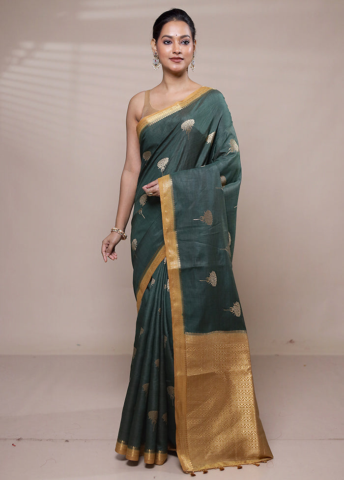 Green Dupion Silk Saree With Blouse Piece