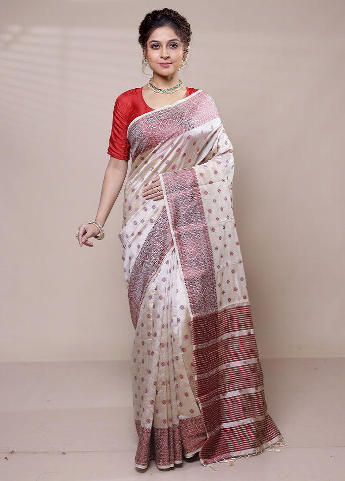 Cream Dupion Silk Saree With Blouse Piece