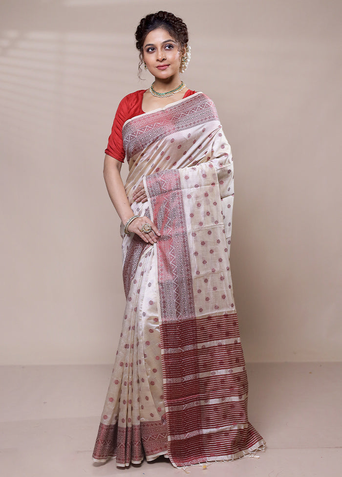 Cream Dupion Silk Saree With Blouse Piece