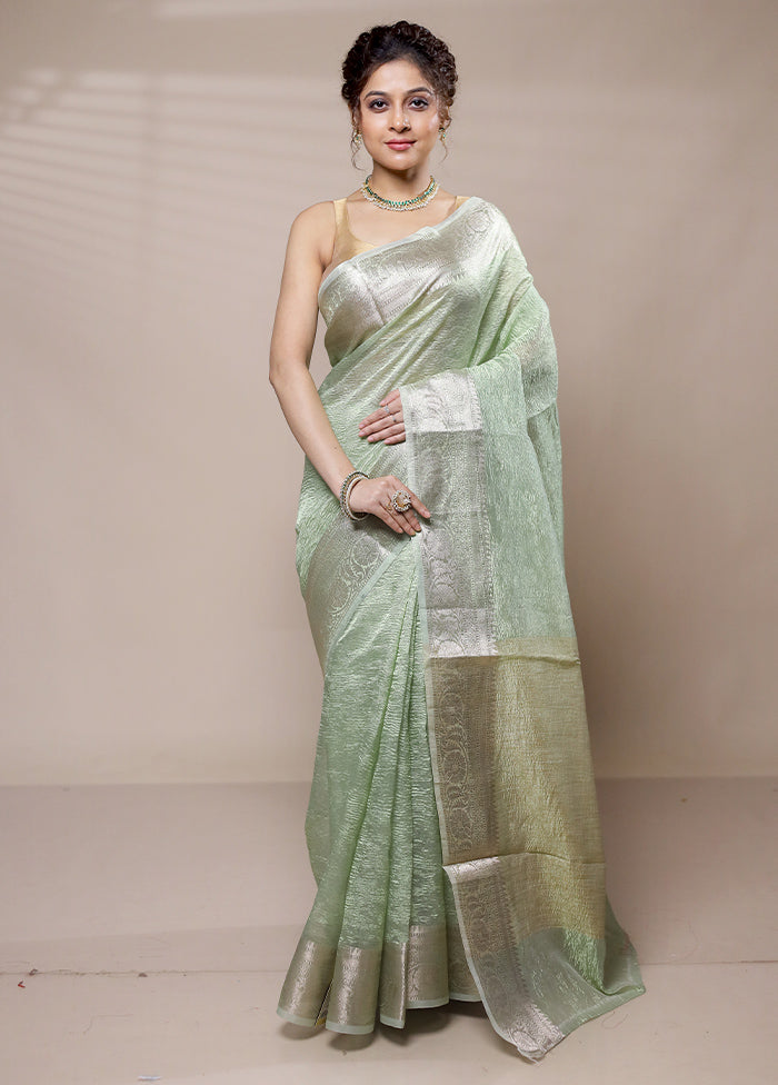 Green Crushed Silk Saree With Blouse Piece