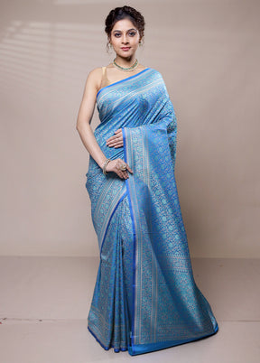 Blue Jamewar Silk Saree With Blouse Piece