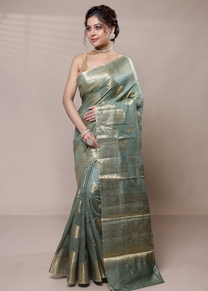 Green Dupion Silk Saree With Blouse Piece