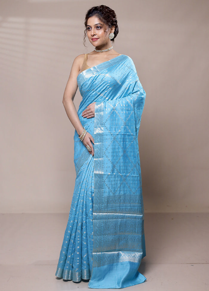 Blue Dupion Silk Saree With Blouse Piece