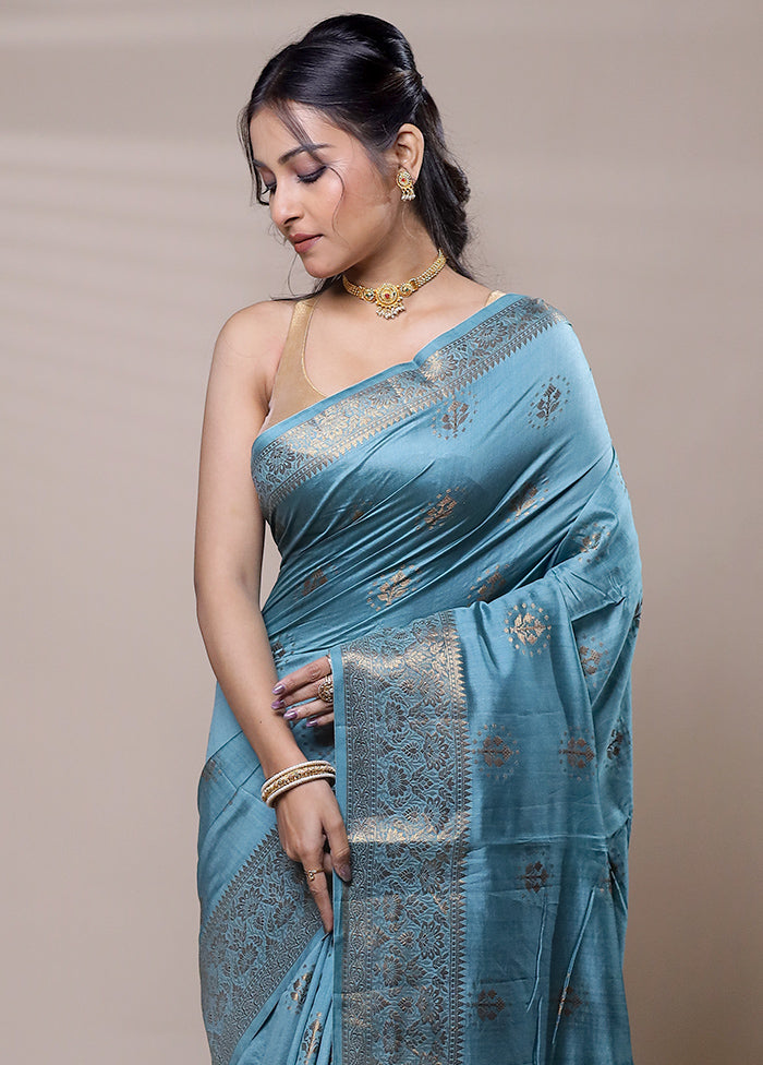 Blue Dupion Silk Saree With Blouse Piece