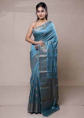 Blue Dupion Silk Saree With Blouse Piece