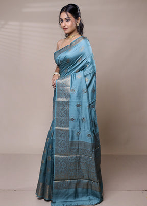 Blue Dupion Silk Saree With Blouse Piece