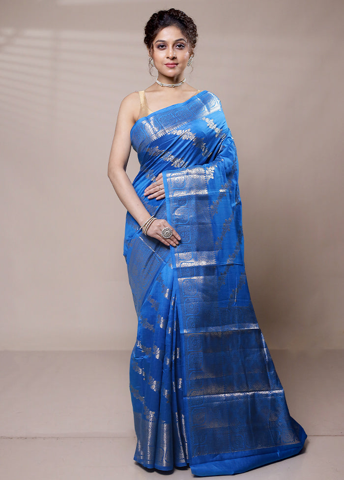 Blue Dupion Silk Saree With Blouse Piece