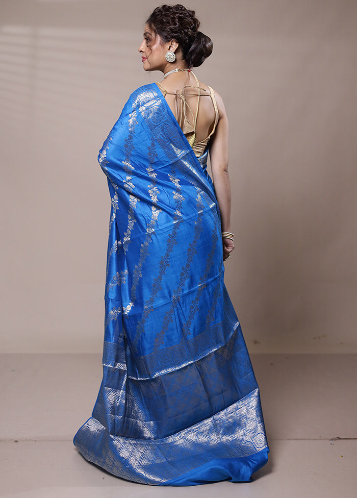 Blue Dupion Silk Saree With Blouse Piece