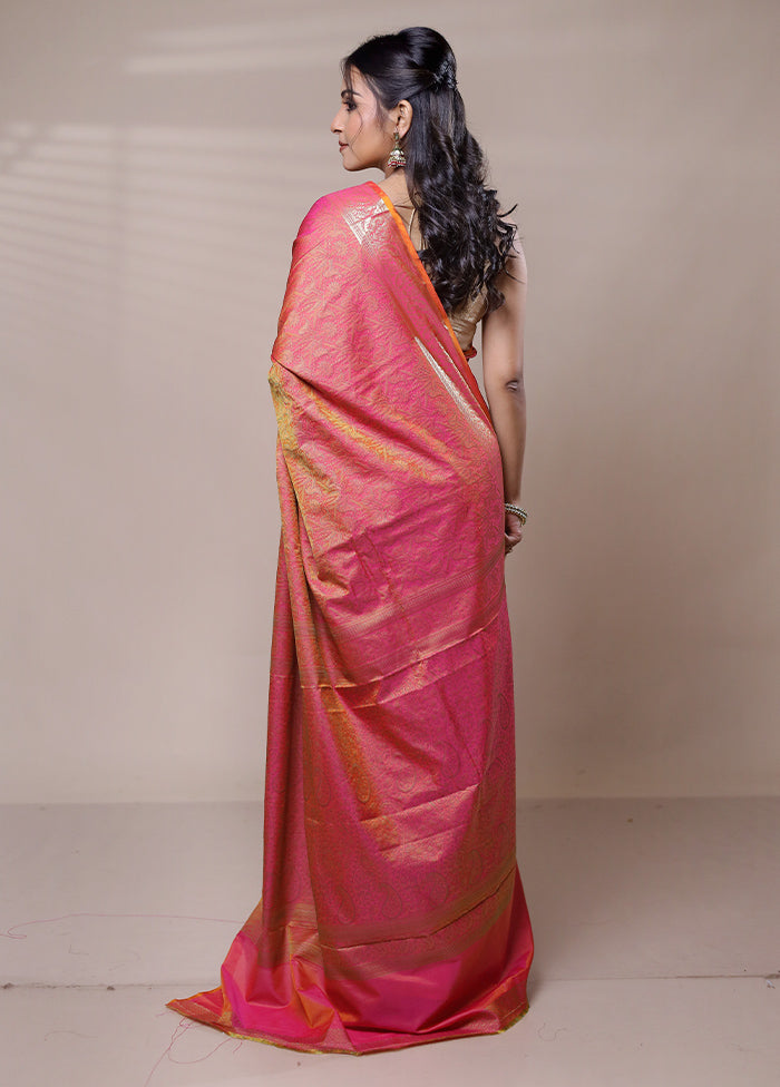 Pink Jamewar Silk Saree With Blouse Piece