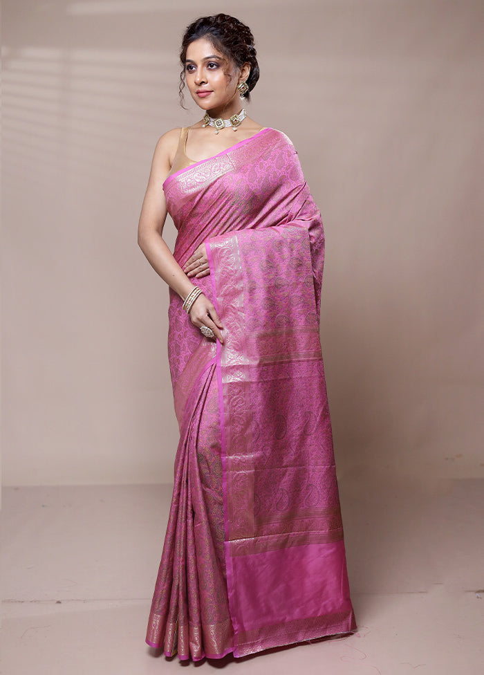 Pink Jamewar Silk Saree With Blouse Piece