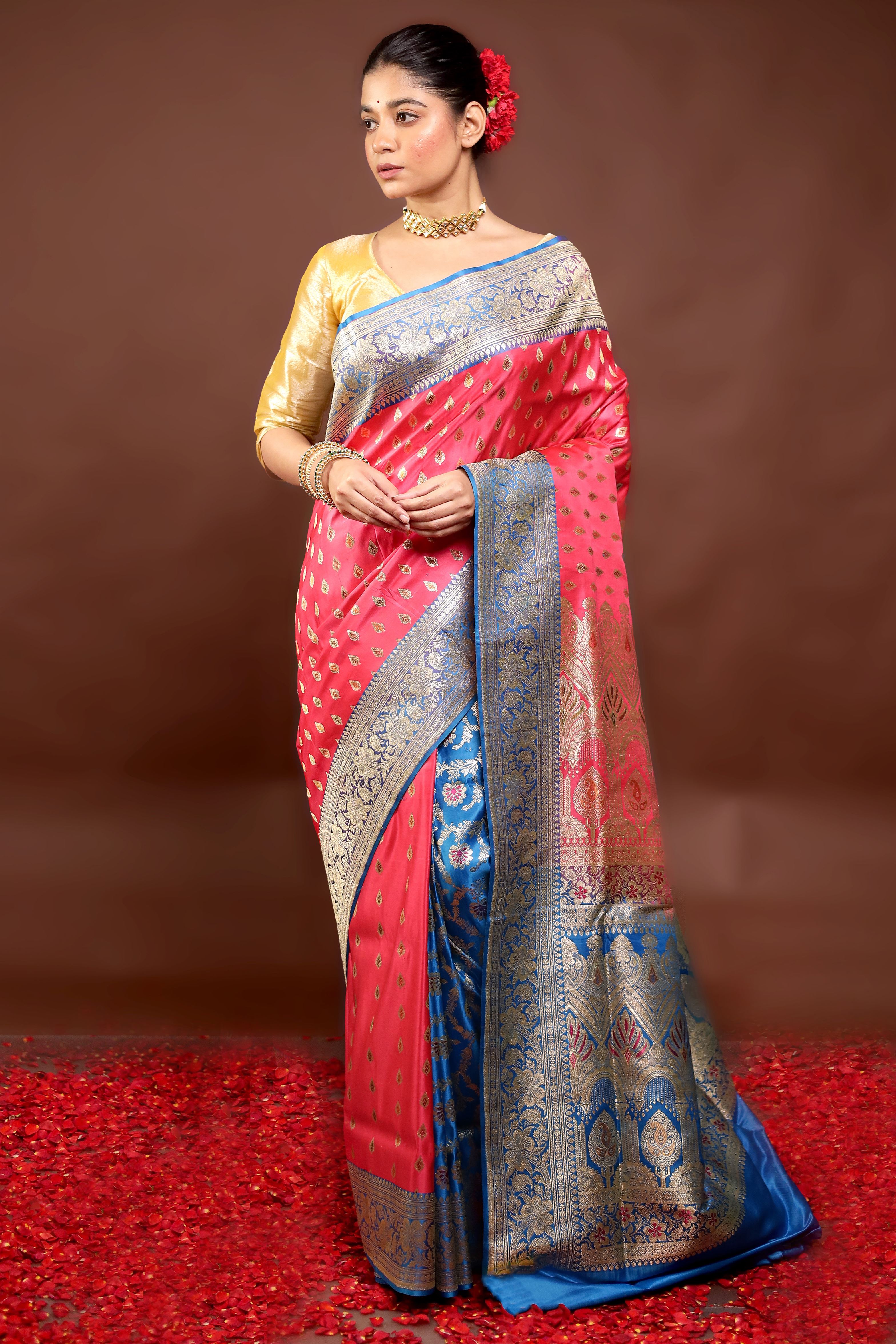 Pink Handloom Banarasi Pure Silk Saree With Blouse Piece