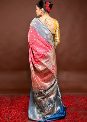 Pink Handloom Banarasi Pure Silk Saree With Blouse Piece