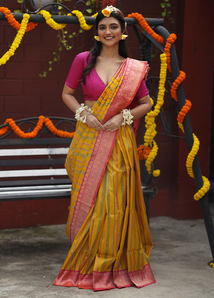 Yellow Handloom Katan Pure Silk Saree With Blouse Piece