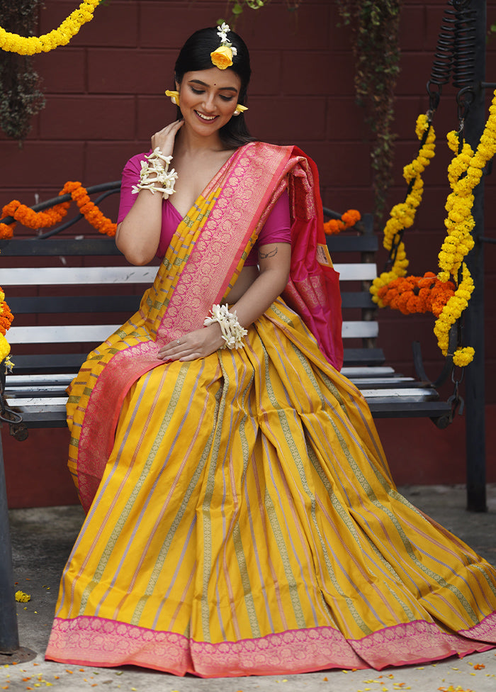 Yellow Handloom Katan Pure Silk Saree With Blouse Piece