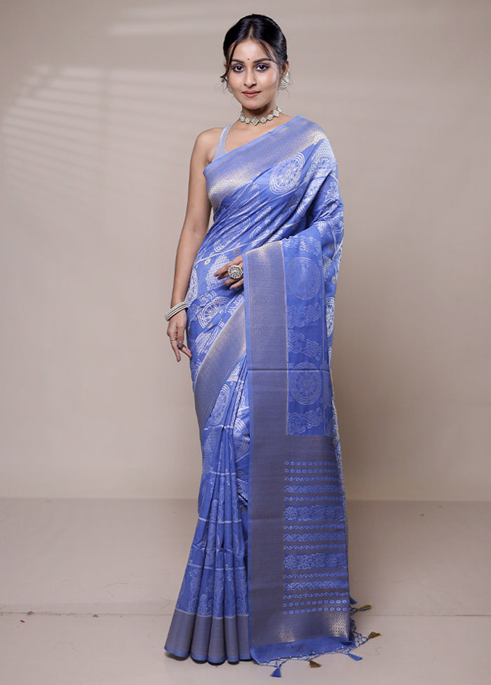 Blue Dupion Silk Saree With Blouse Piece