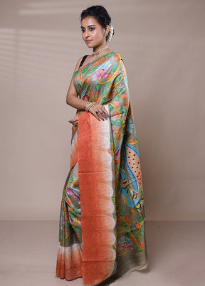 grey Tussar Silk Saree With Blouse Piece