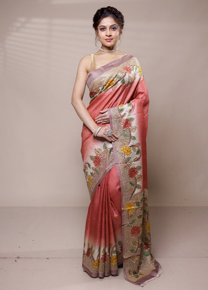 Pink Tussar Silk Saree With Blouse Piece