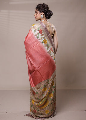 Pink Tussar Silk Saree With Blouse Piece