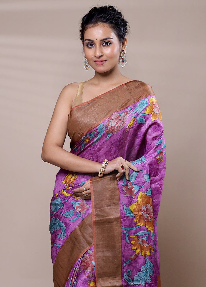 Purple Tussar Silk Saree With Blouse Piece