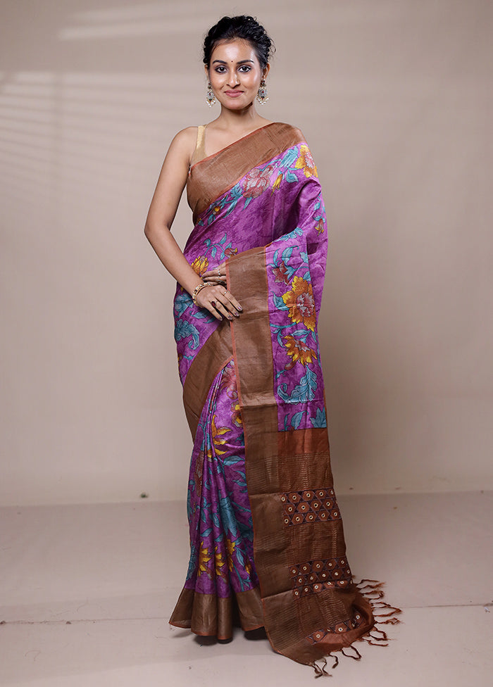 Purple Tussar Silk Saree With Blouse Piece