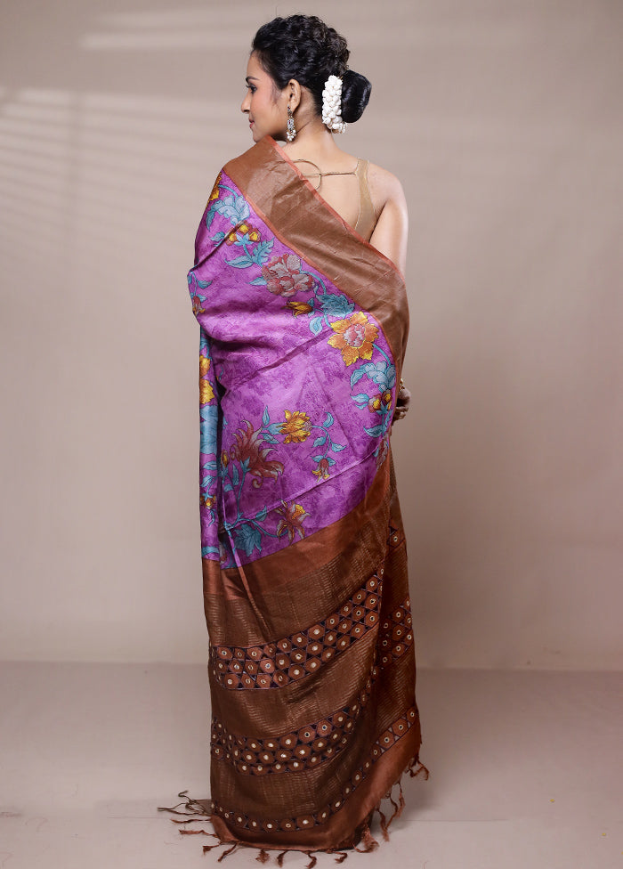 Purple Tussar Silk Saree With Blouse Piece