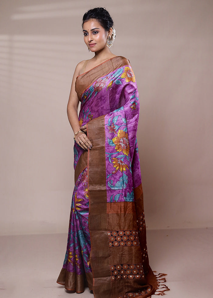 Purple Tussar Silk Saree With Blouse Piece