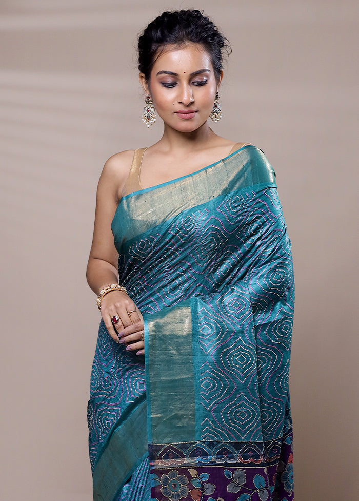 Blue Tussar Silk Saree With Blouse Piece