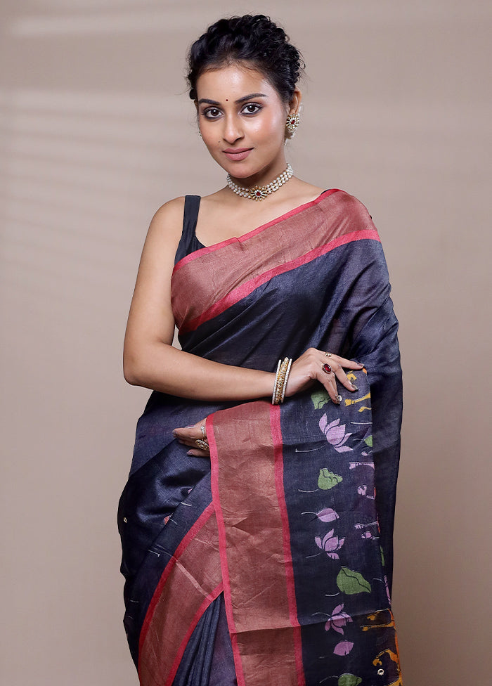 Blue Tussar Silk Saree With Blouse Piece