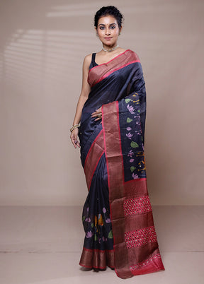 Blue Tussar Silk Saree With Blouse Piece