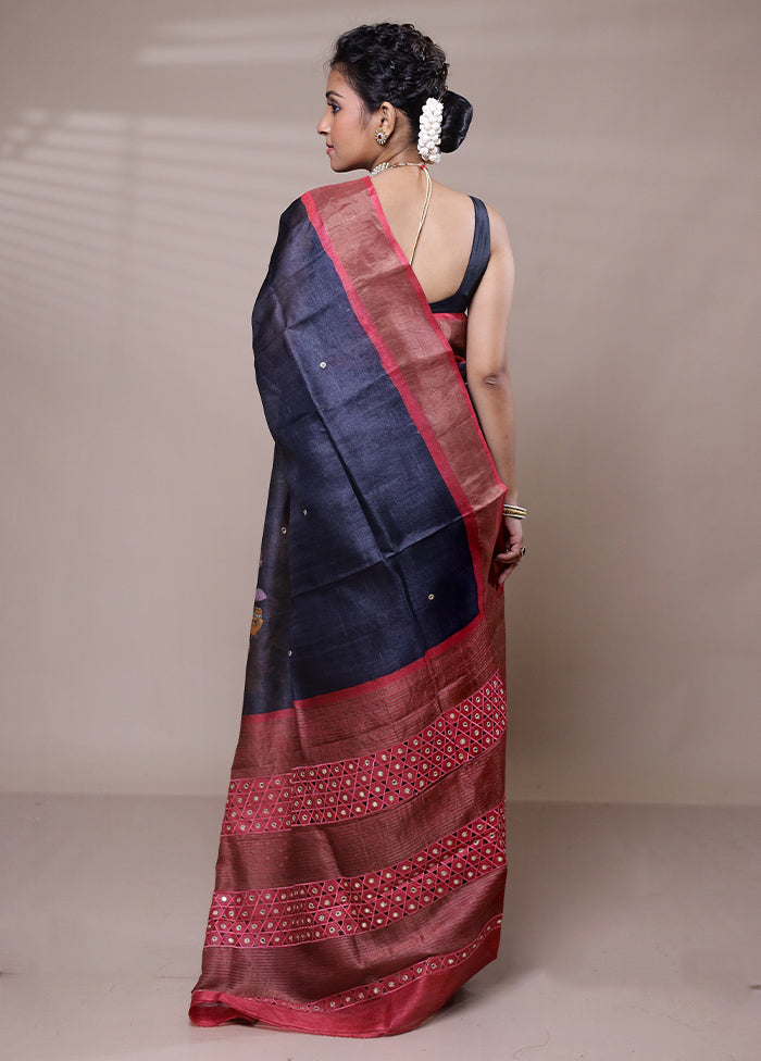 Blue Tussar Silk Saree With Blouse Piece