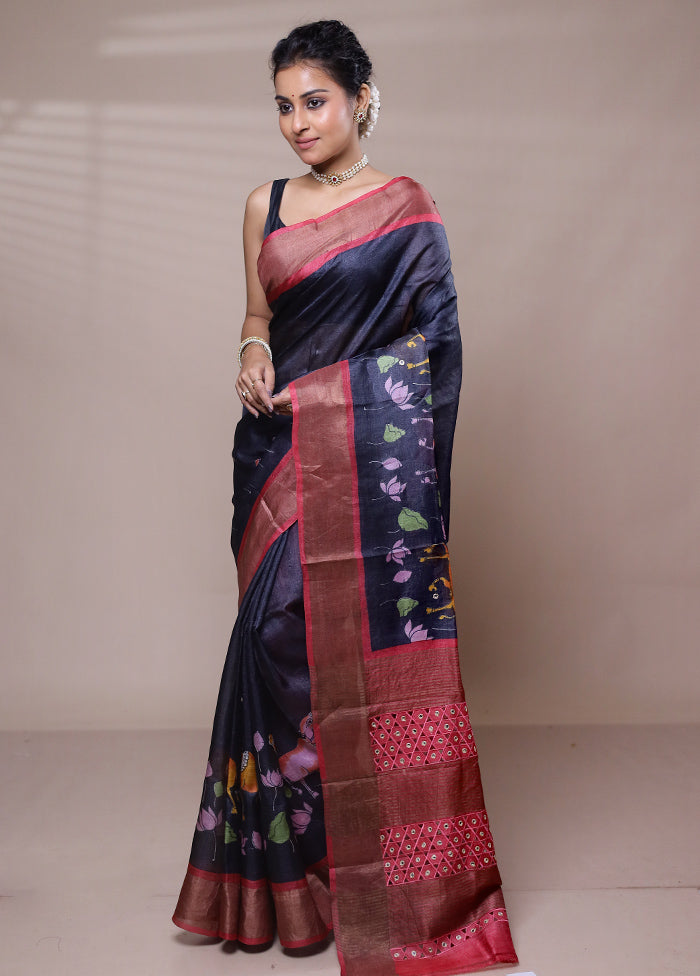 Blue Tussar Silk Saree With Blouse Piece