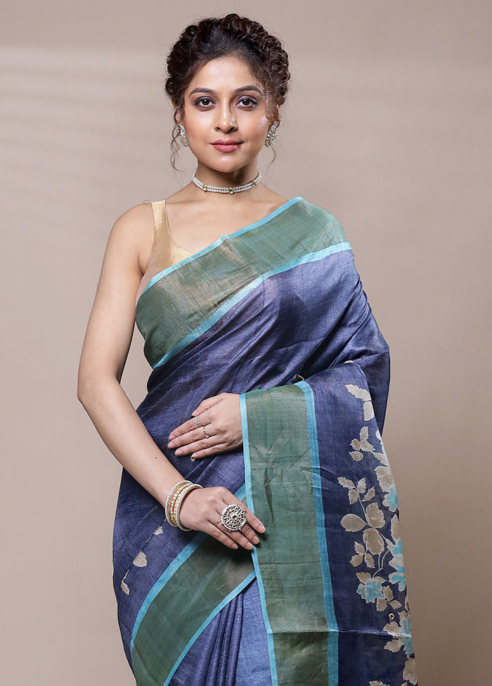 Grey Tussar Silk Saree With Blouse Piece