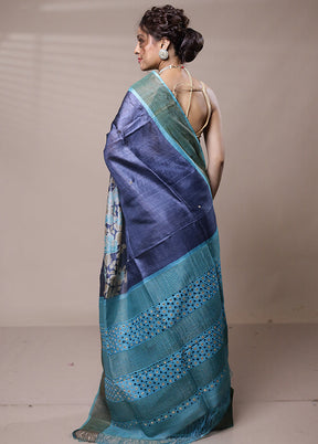 Grey Tussar Silk Saree With Blouse Piece