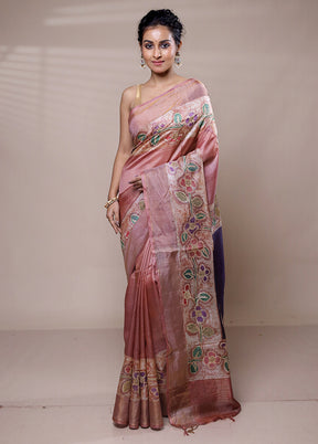 Pink Tussar Silk Saree With Blouse Piece