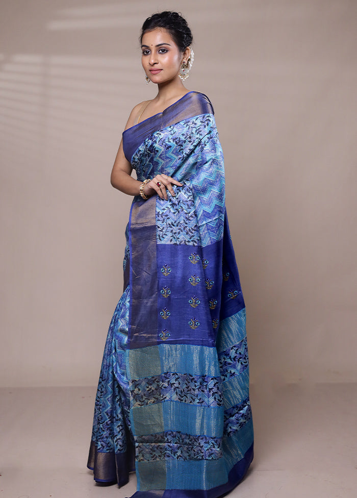 Blue Tussar Silk Saree With Blouse Piece