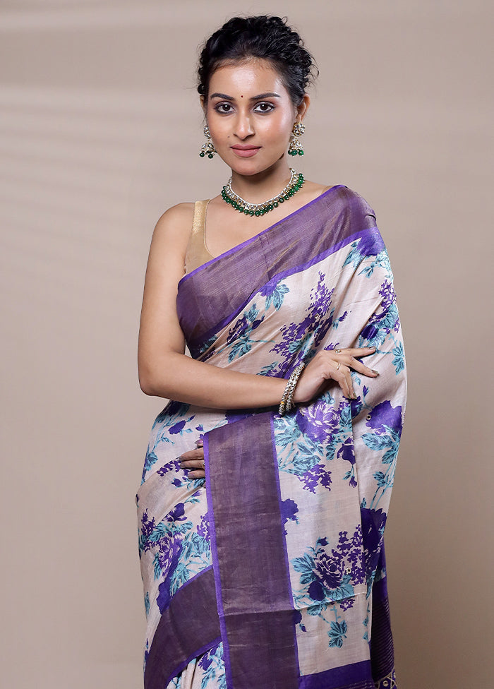 Cream Tussar Silk Saree With Blouse Piece