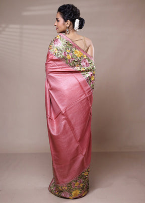 Pink Tussar Silk Saree With Blouse Piece